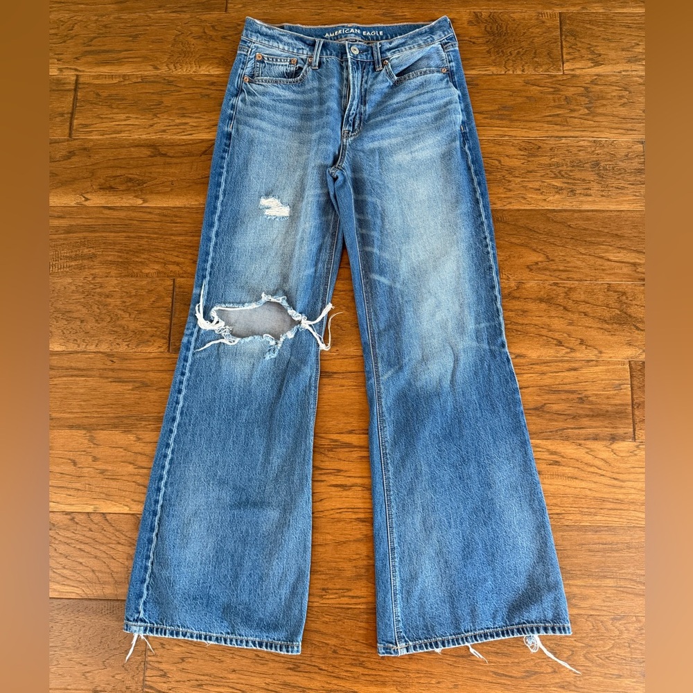 American Eagle Outfitters Distressed Medium Blue Low Rise Baggy Flare Jeans